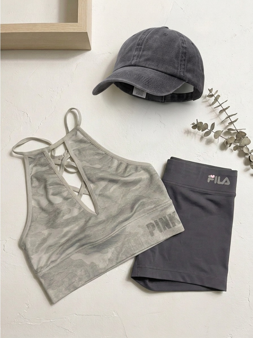 Garage Hat, Pink Sports Bra XS & Fila Shorts XS Set EUC